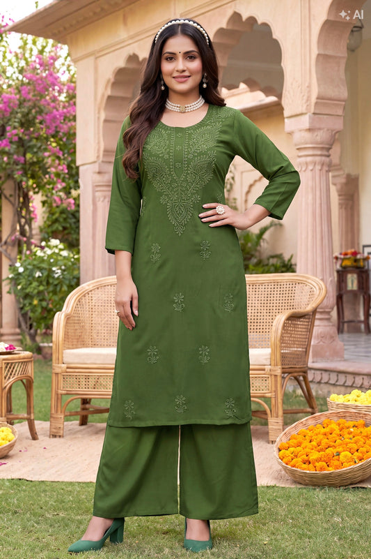 Green chikan work dress