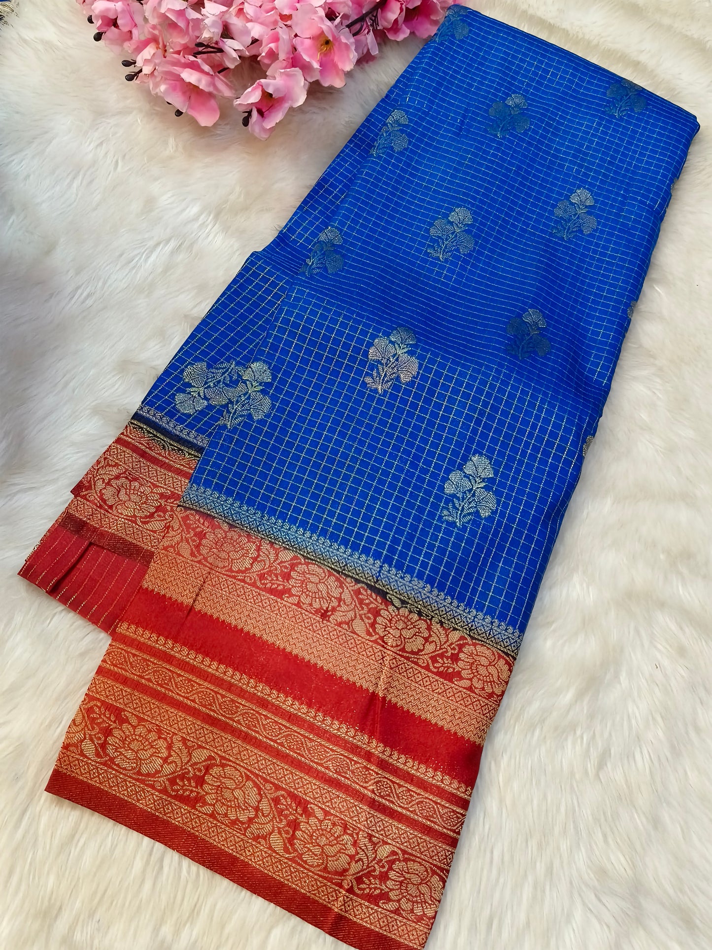 Blue with Red semi Mysore silk saree