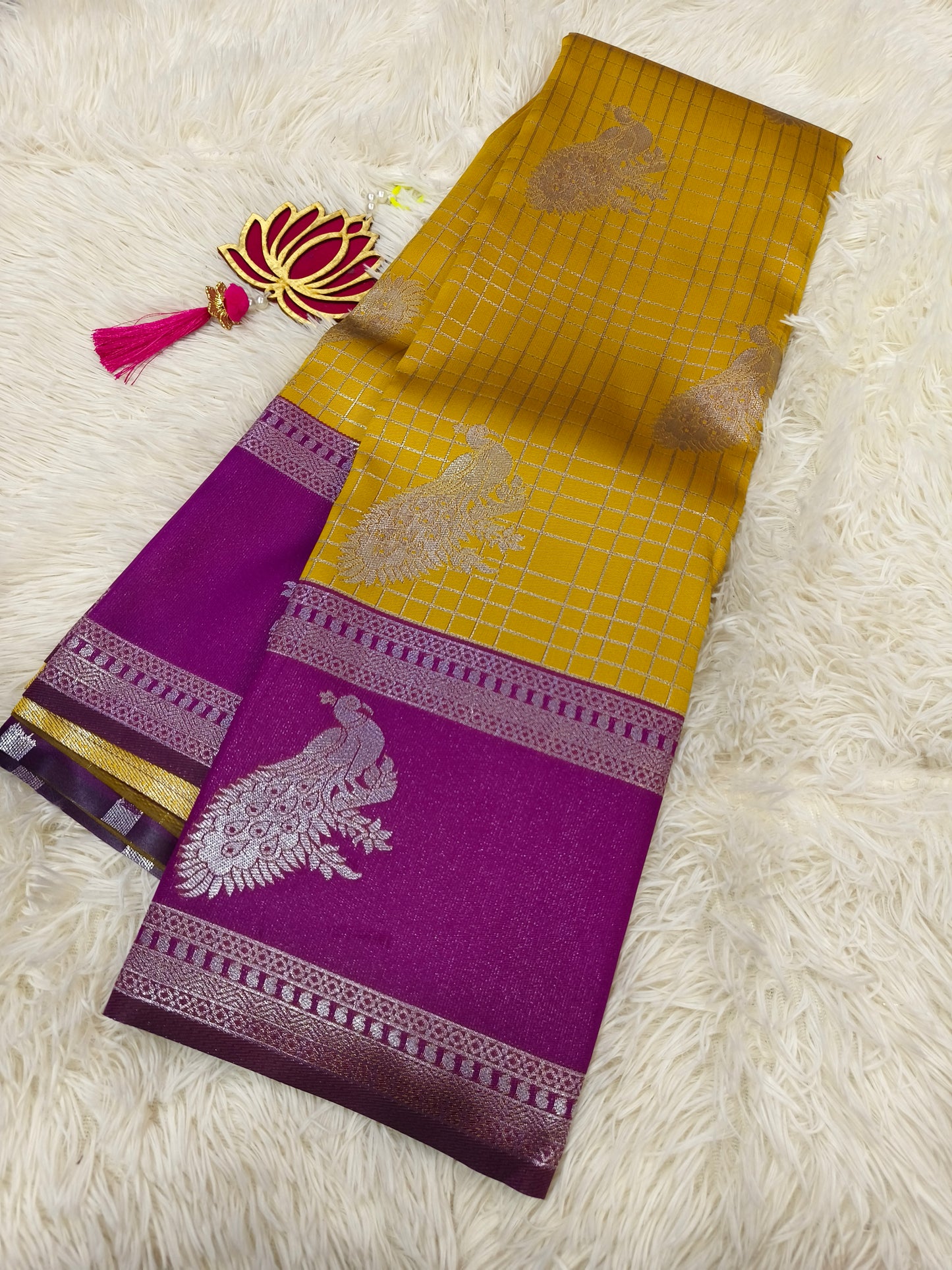 Yellow with majenta Mercidised silk saree