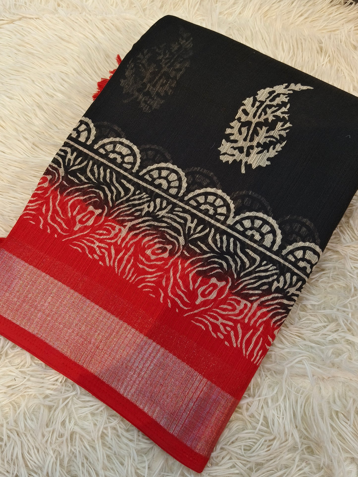 Black with Red Lenin Silk saree