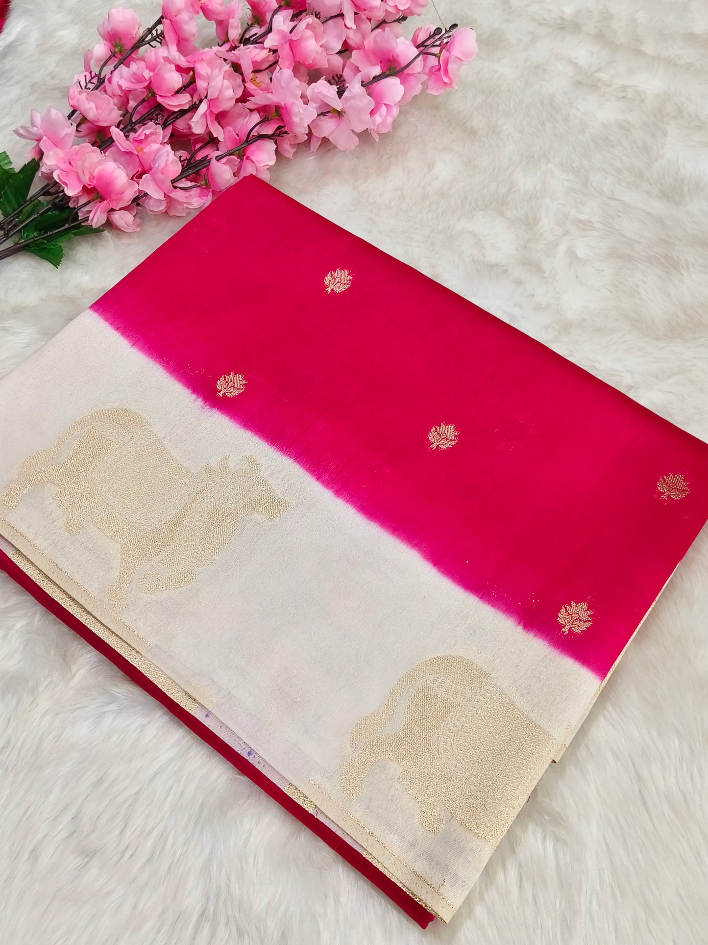 Pink with white silk blend saree