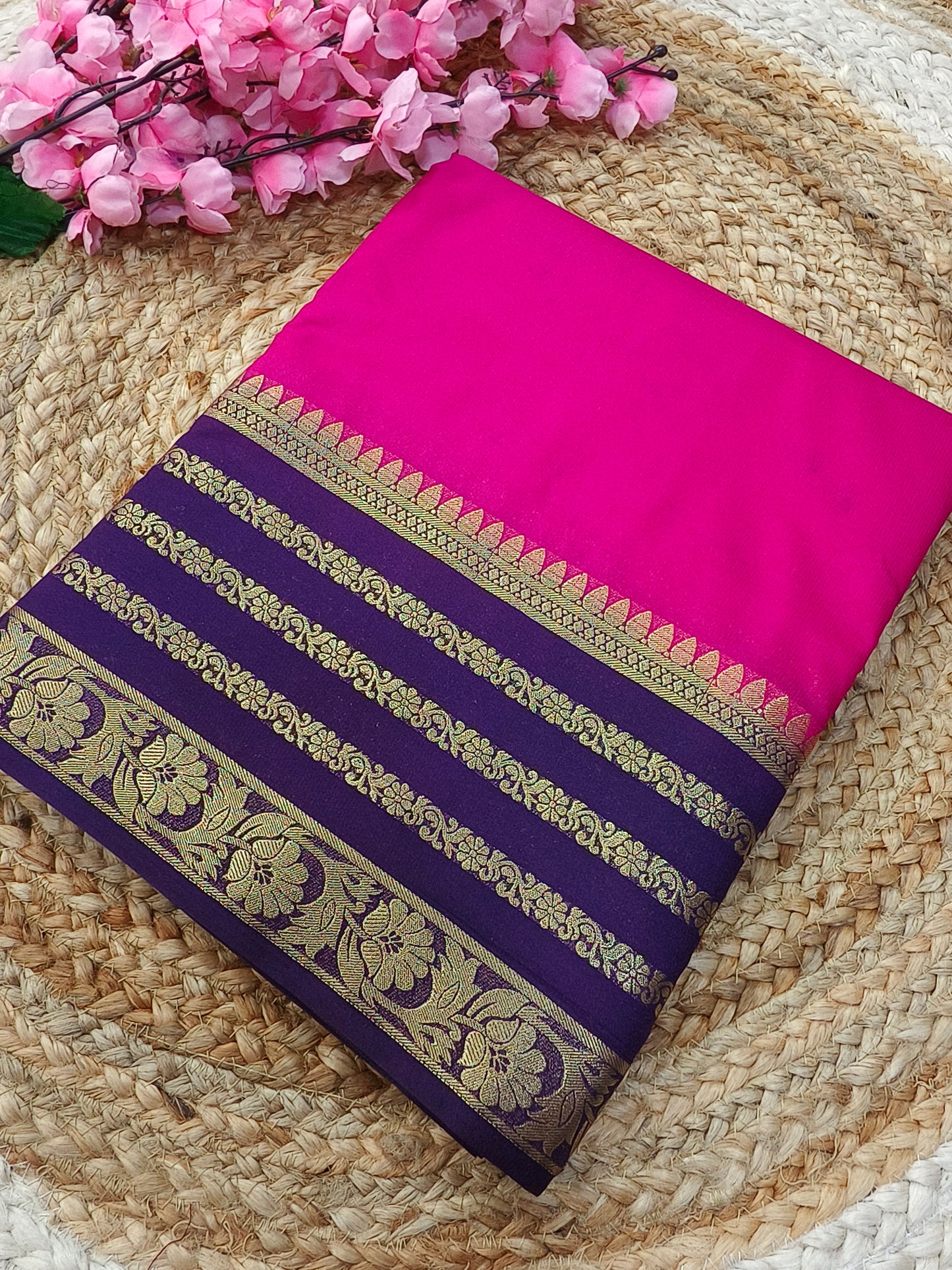 Pink With Purple semi Mysore crepe silk saree