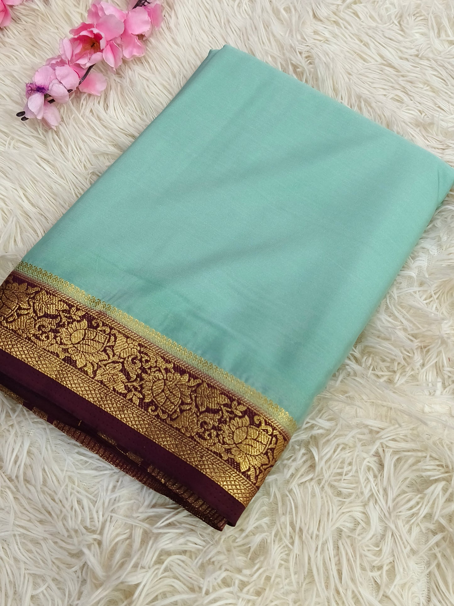 Mint green with wine semi Mysore crepe silk