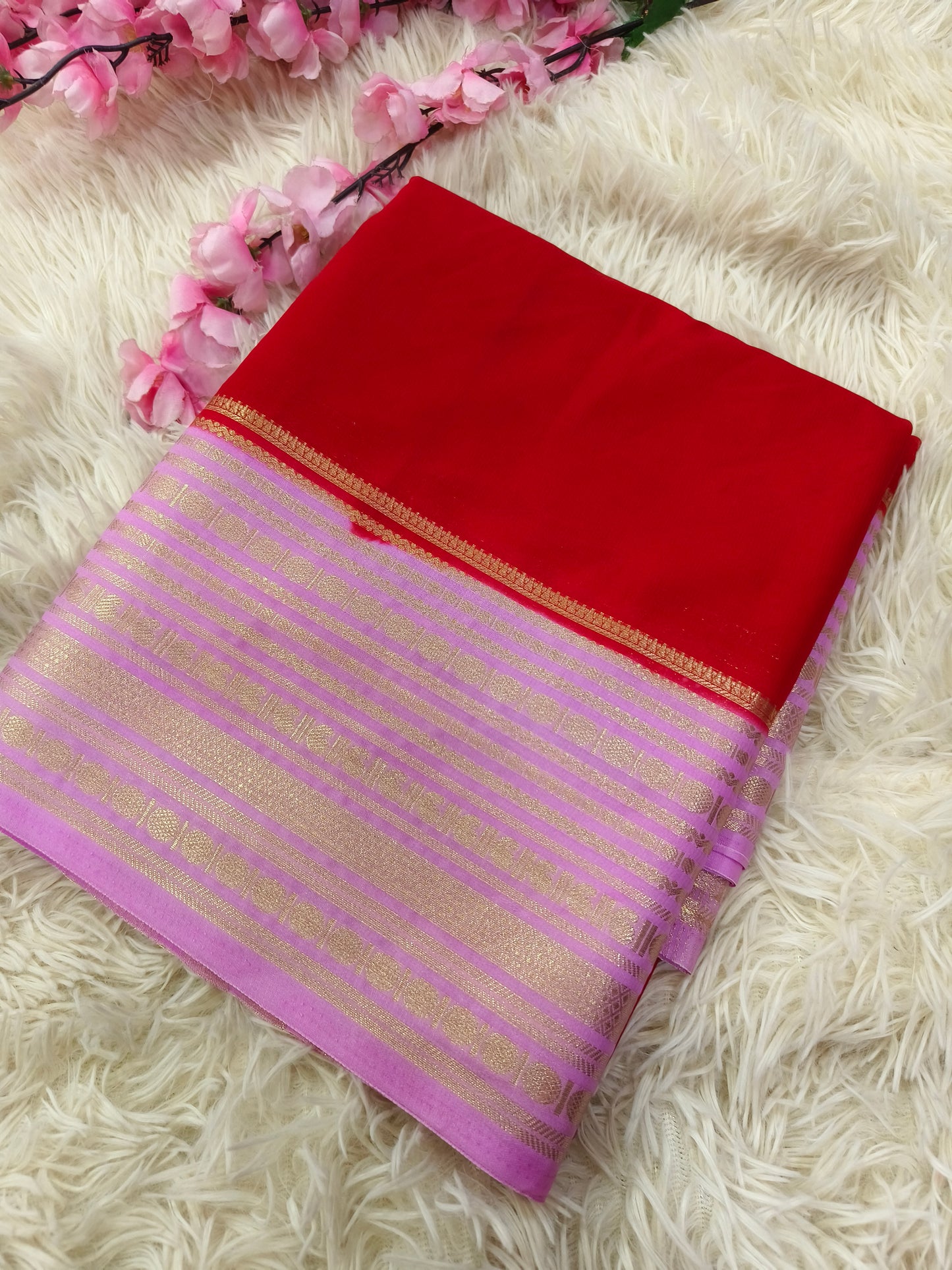 Red With Pink Light Blue semi Mysore crepe silk