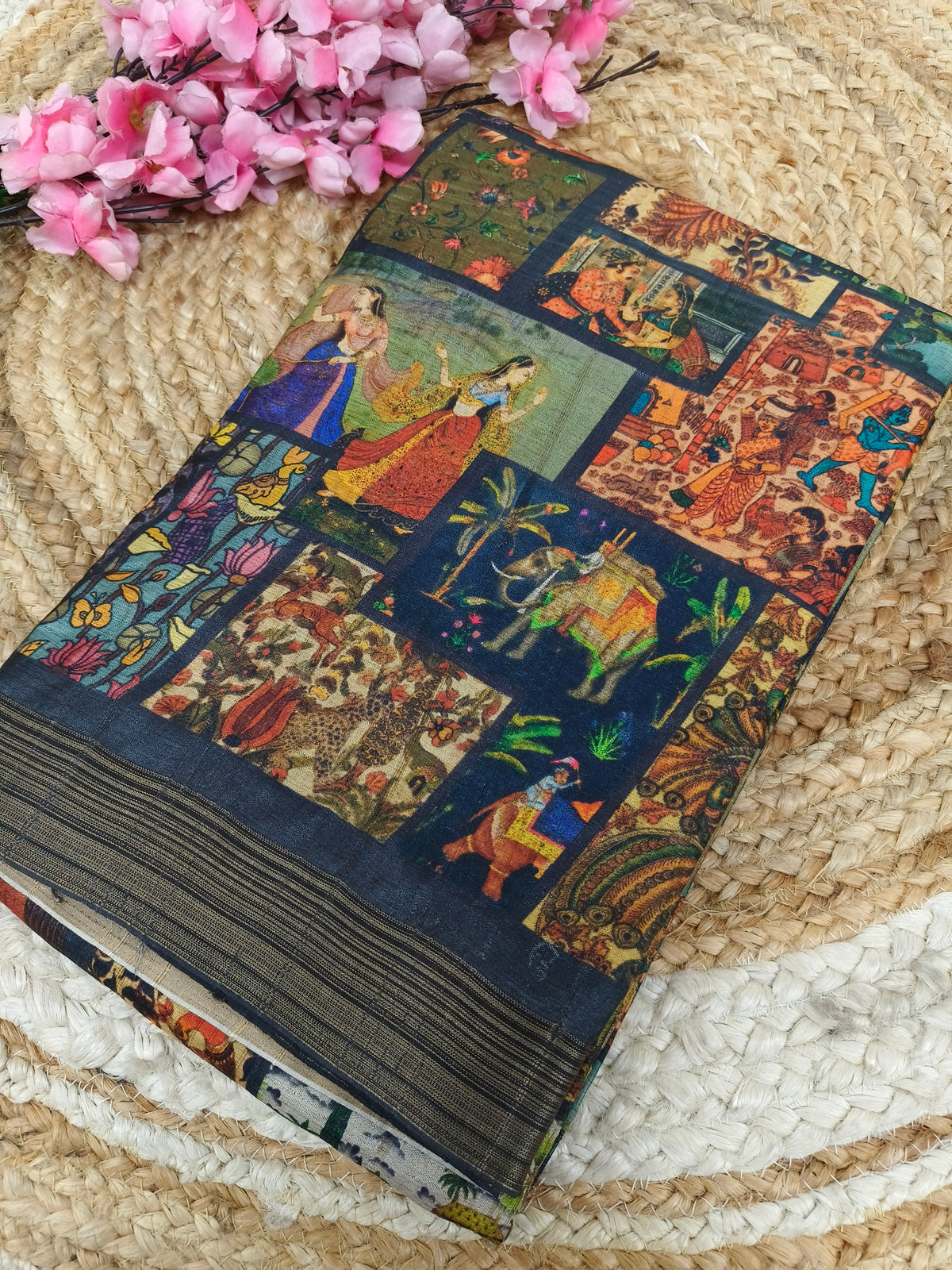 Peacock blue Vintage Patchwork Royal Heritage Printed Saree