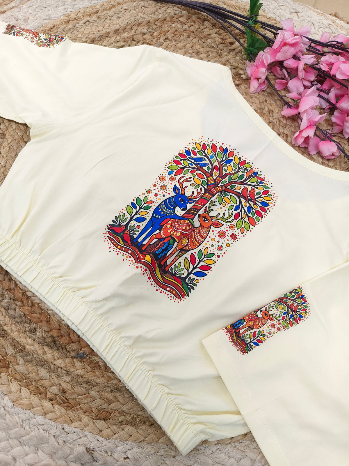 Cream Stretchable blouse with unique printed design