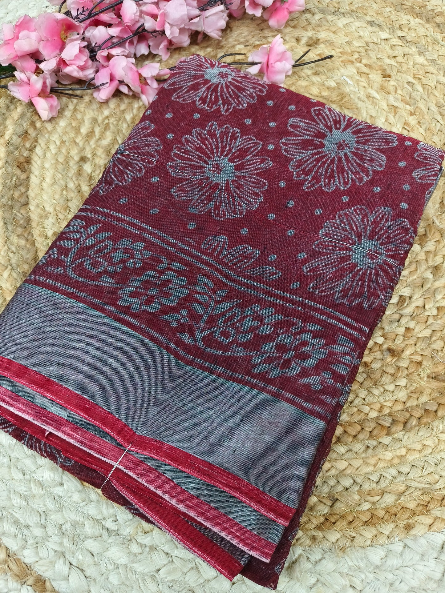 Pink - Black Lenin Cotton saree