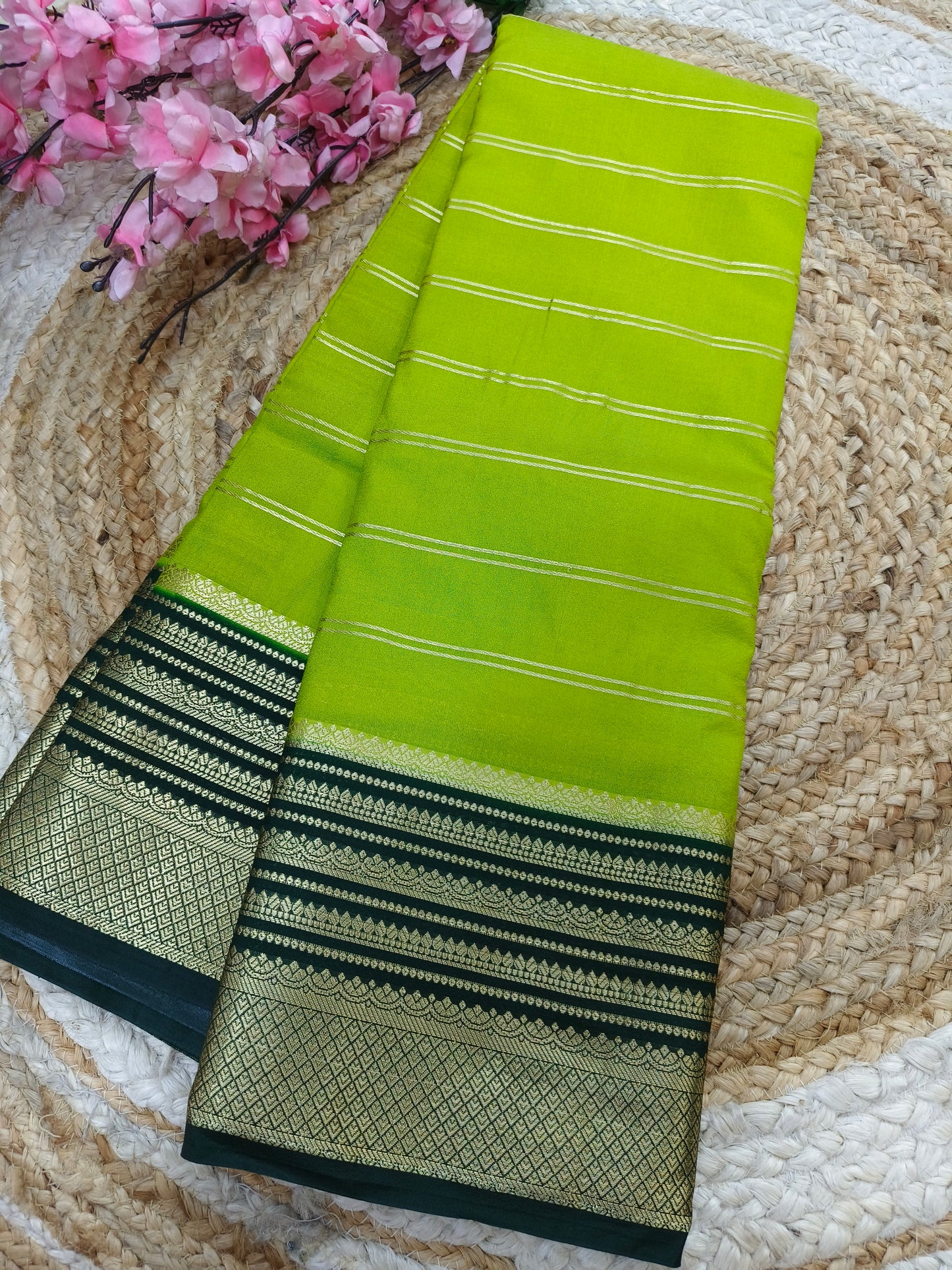Leaf Green with Bottle green Semi Mysore silk