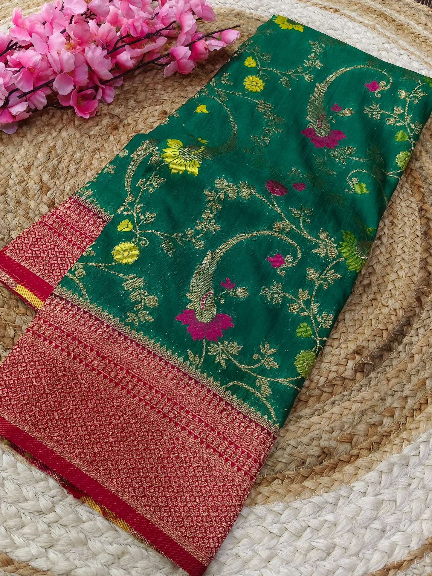 Bottle Green with maroon meenakari Silk Georgette saree