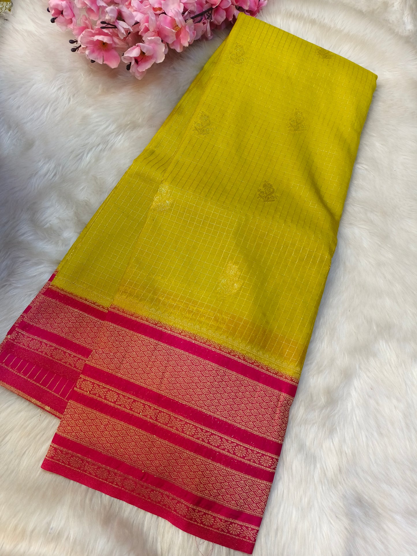 Yellow with Rani pink georgette crepe silk saree