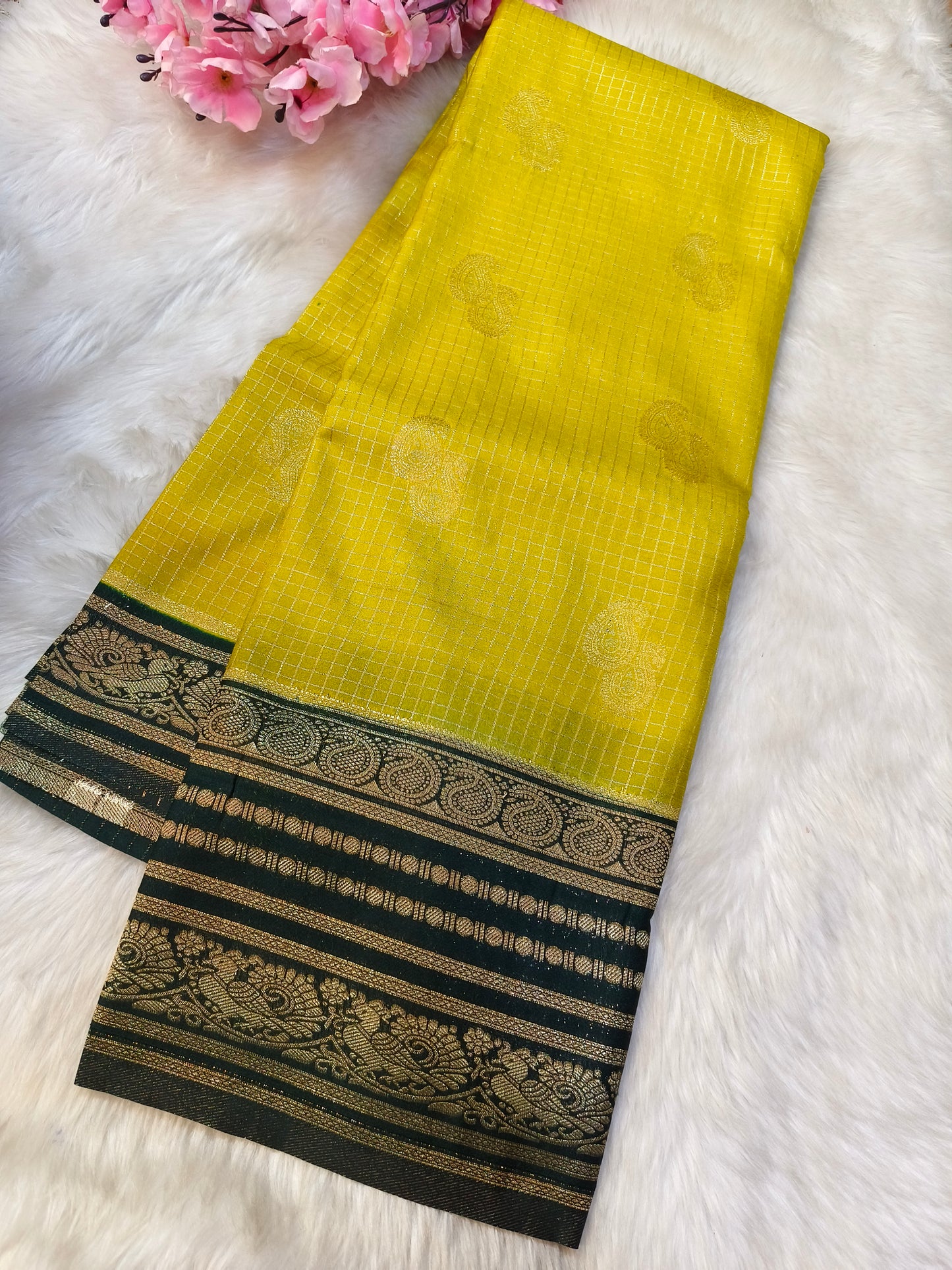Yellow with Green georgette crepe silk saree