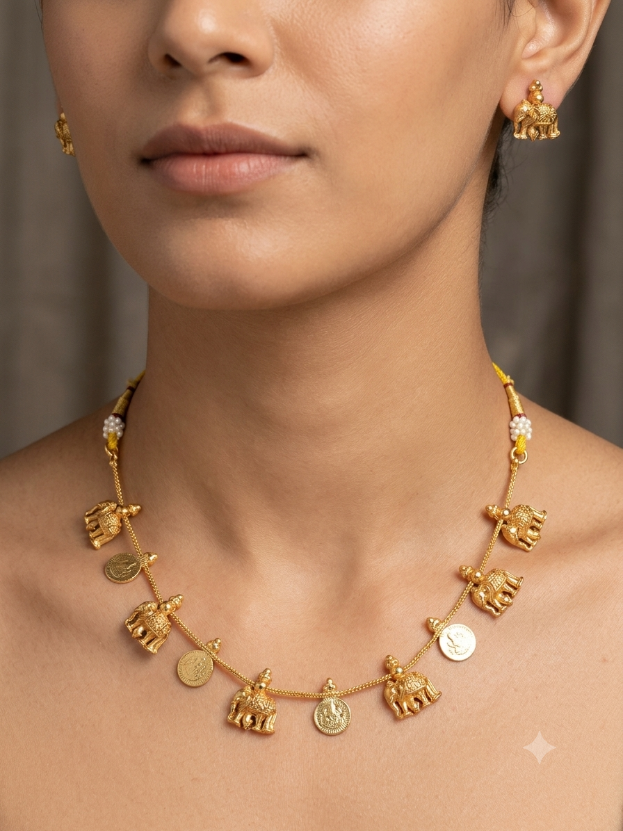 Traditional Antique Elephant & Coin (Kasumalai) Necklace Set