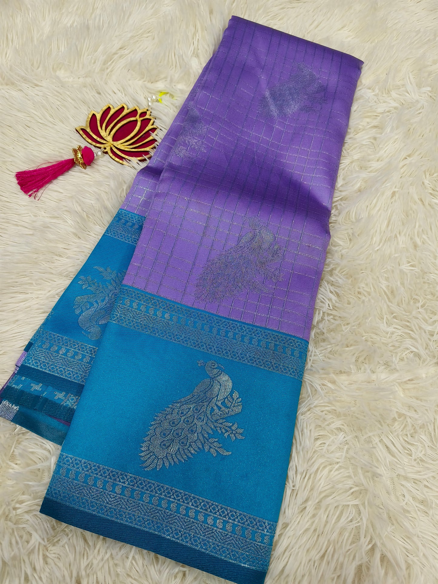 Lavender with aquablue Mercidised silk saree