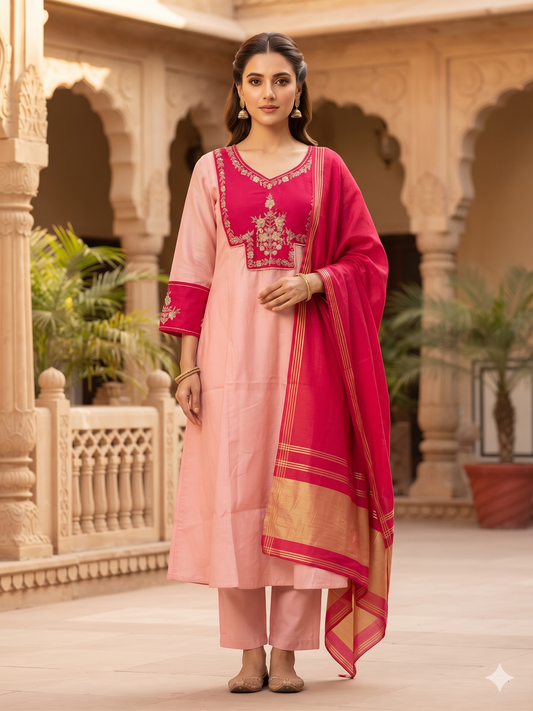 Elegant soft light Pink with Rani Pink Malchanderi A - Line suits