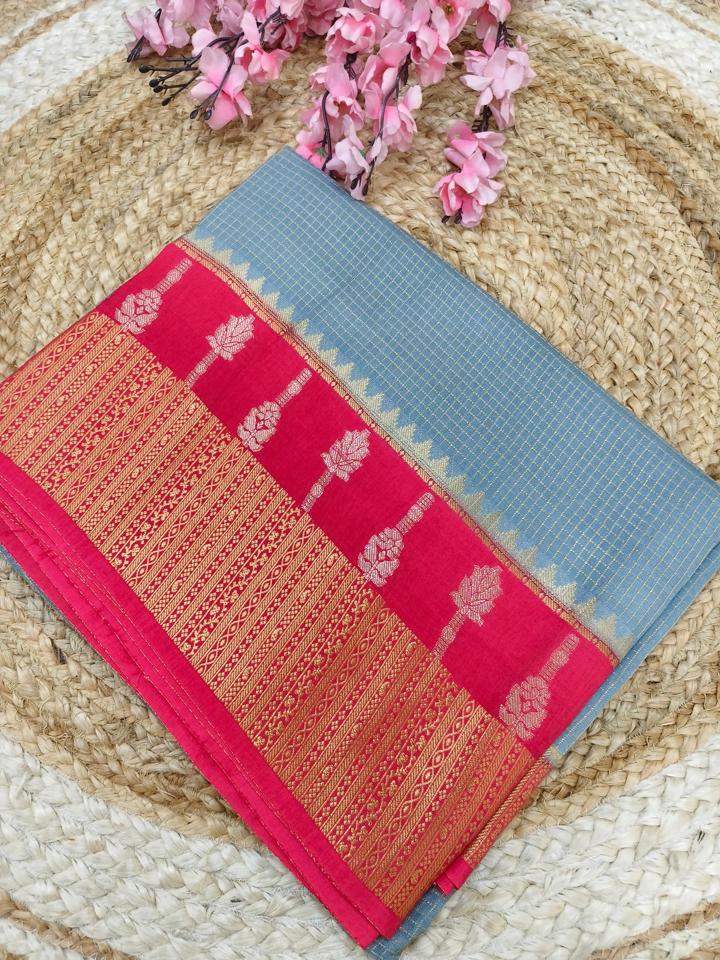 Light grey with rani pink Elegant viscose silk saree