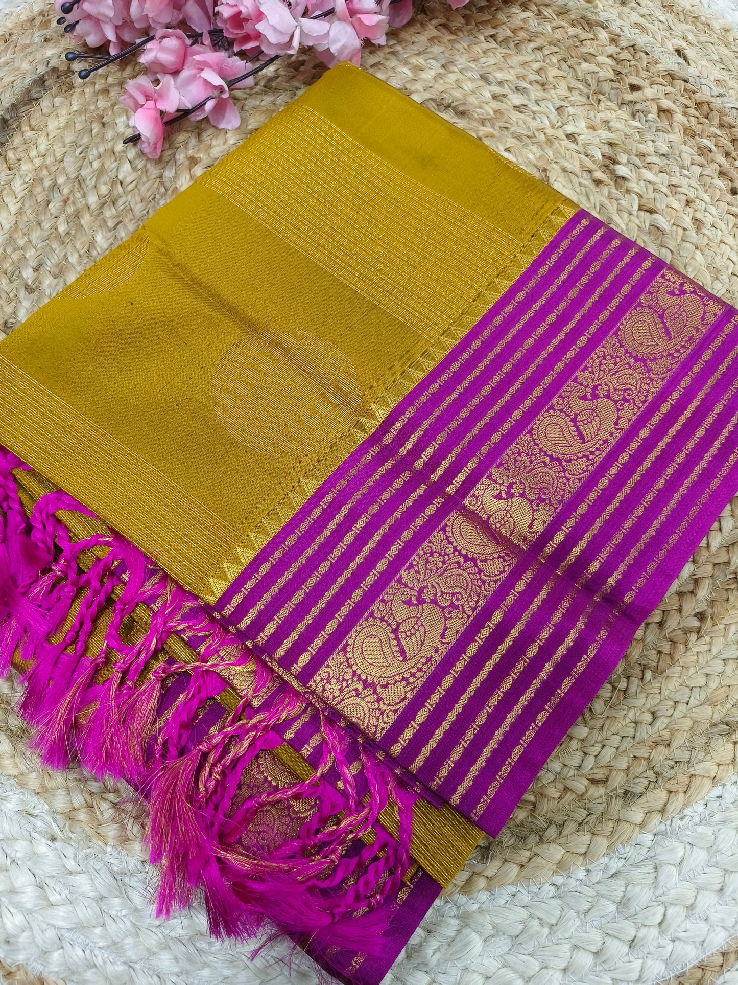Mustard Yellow with Pink Elegant soft semi kanjivaram silk saree