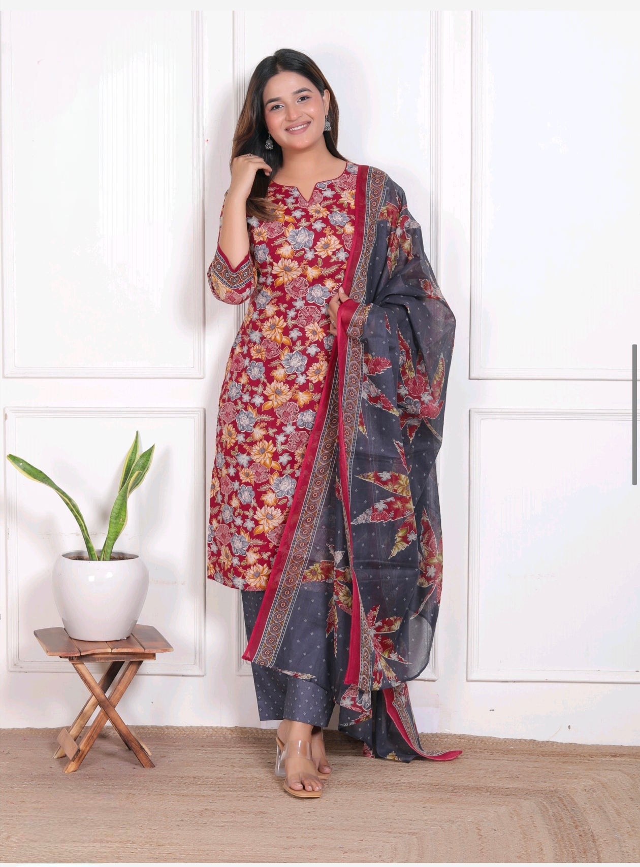 Marron with grey Aarvi Pure Cotton Suit