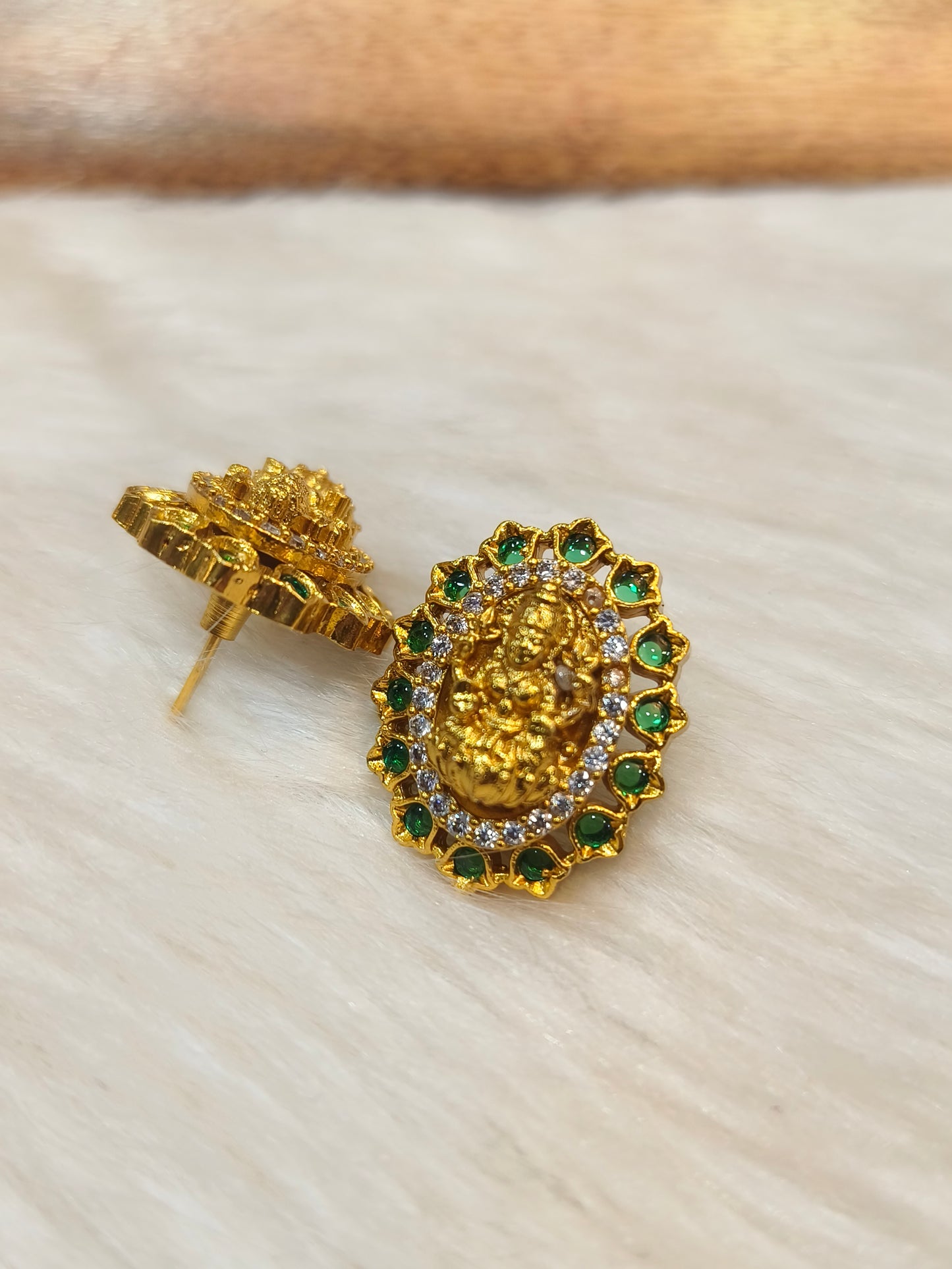 Green stone Lakshmi gold plated stud