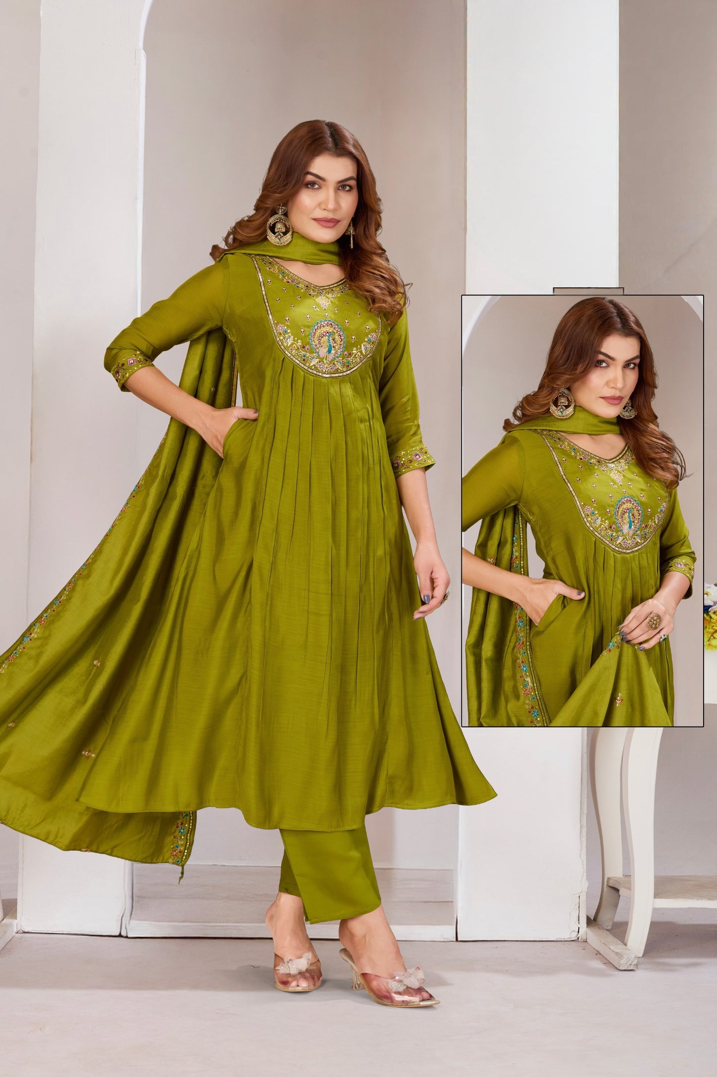 Parrot Green Elegant Aline designer suits
