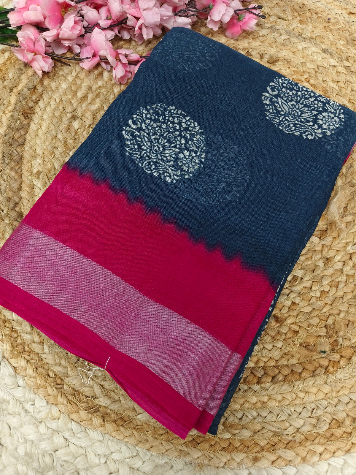 Dark grey with pink Lenin Cotton saree