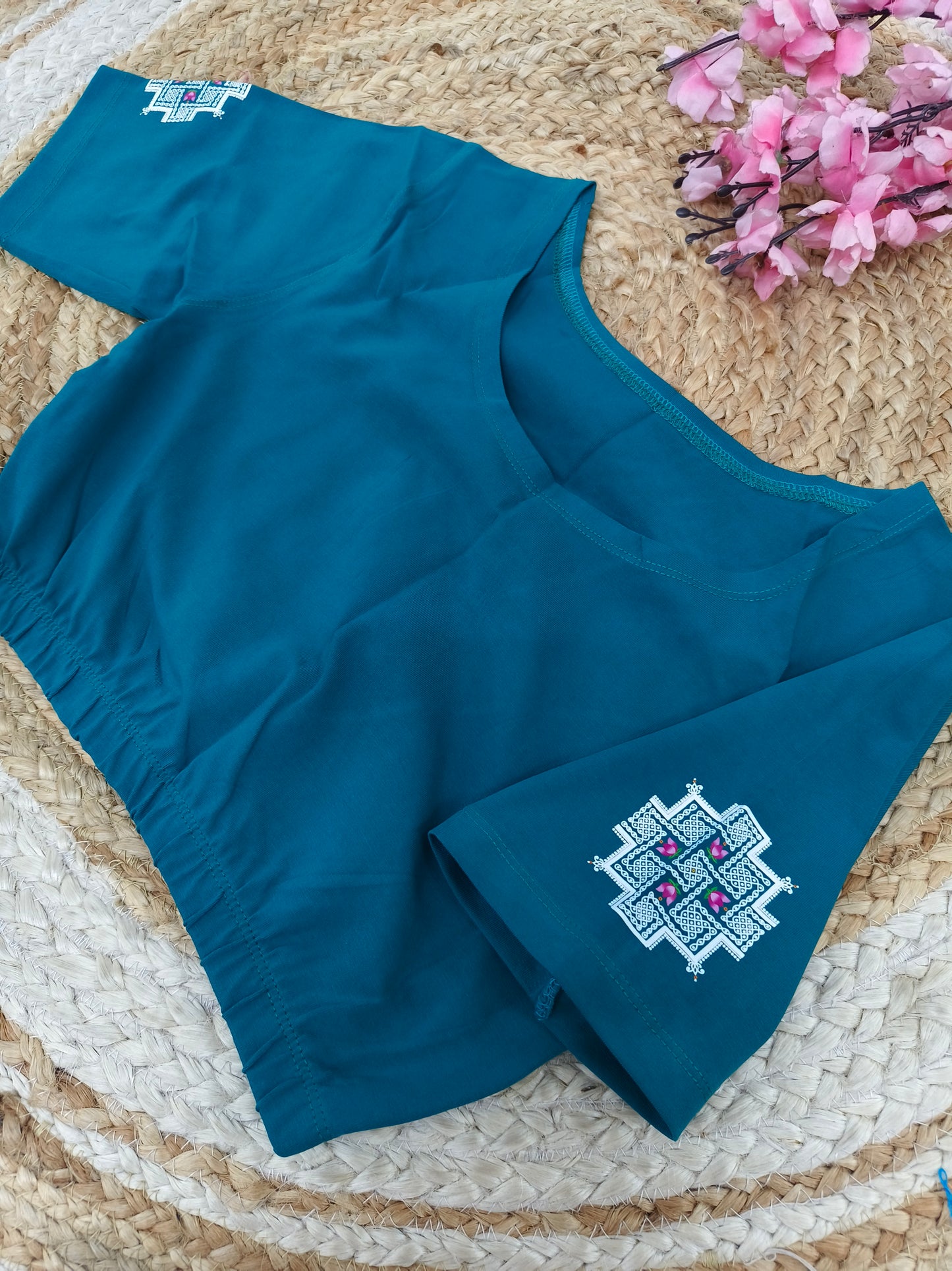 Rama Blue Stretchable blouse with unique printed design