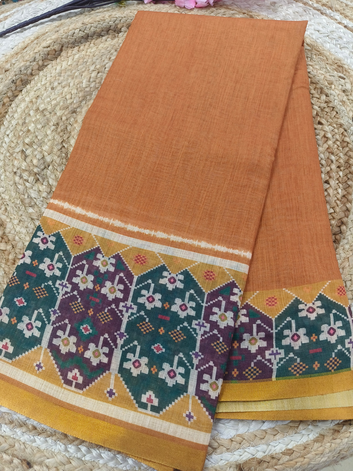 Dark mustard yellow Lenin cotton saree