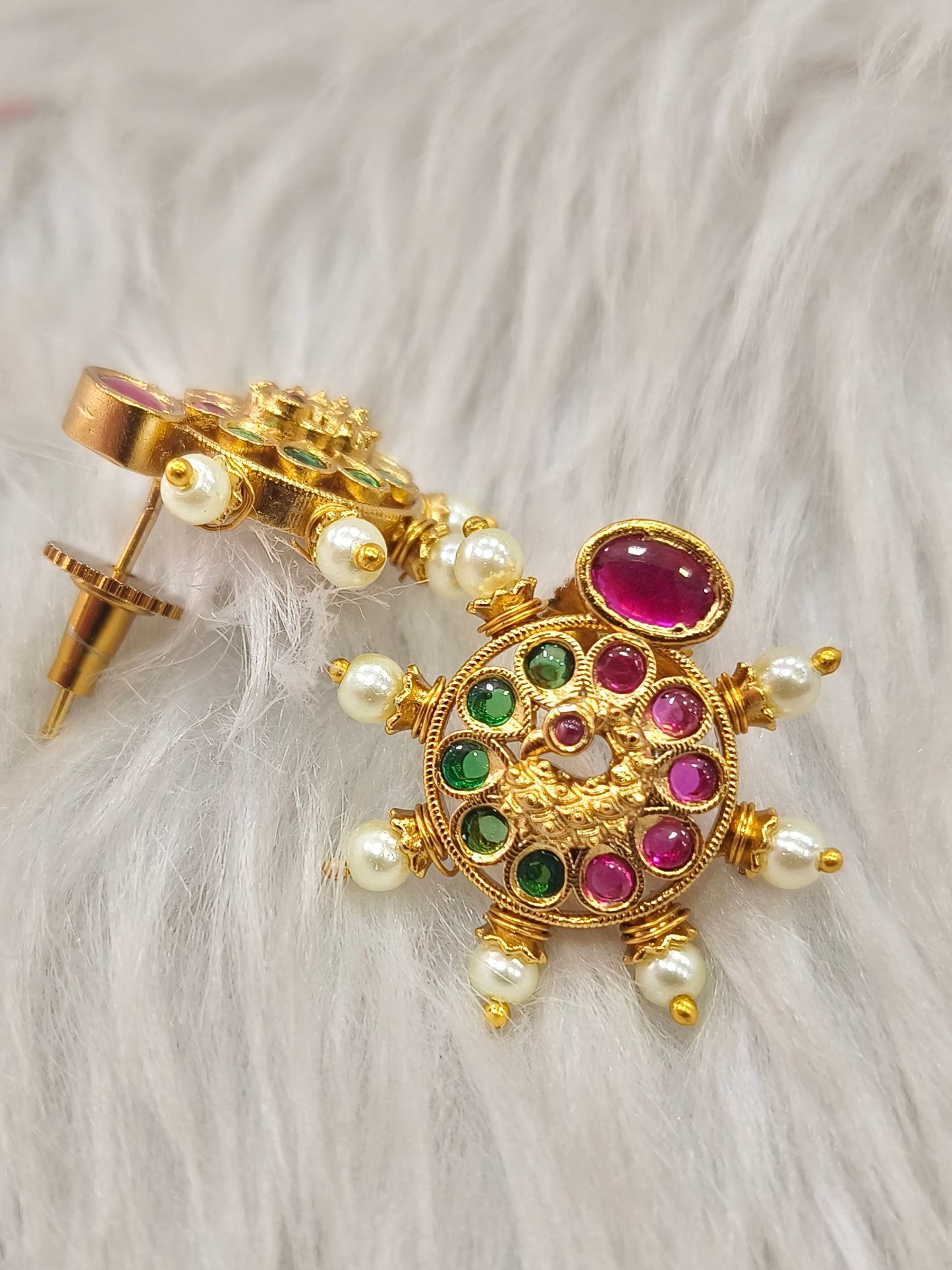 Ruby with Green stone gold plated stud