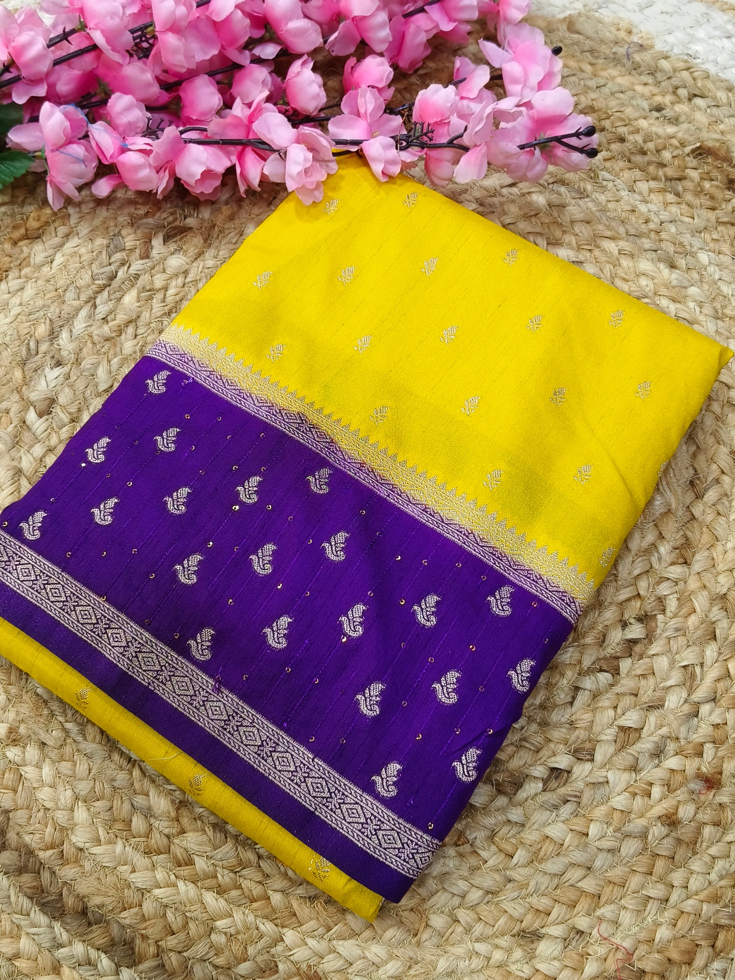 Yellow with purple semi silk sarees