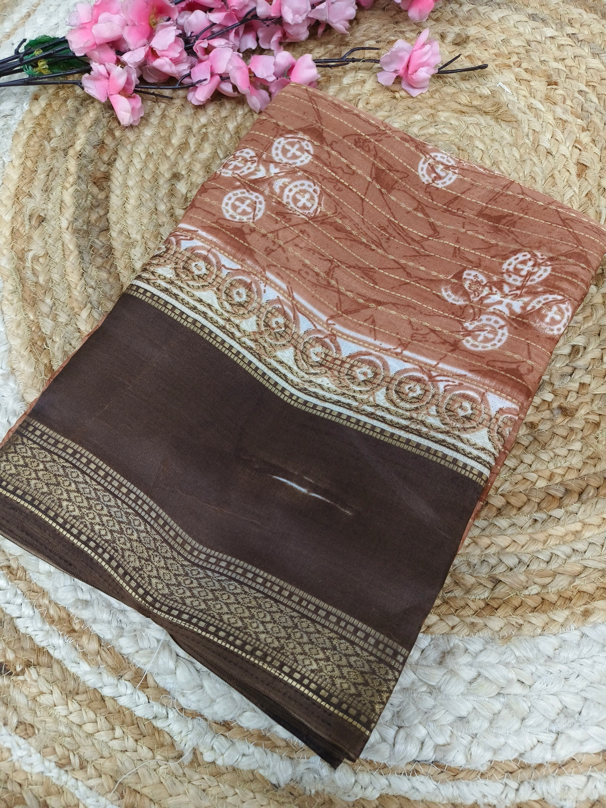 Light Orange with brown Dola Silk Saree
