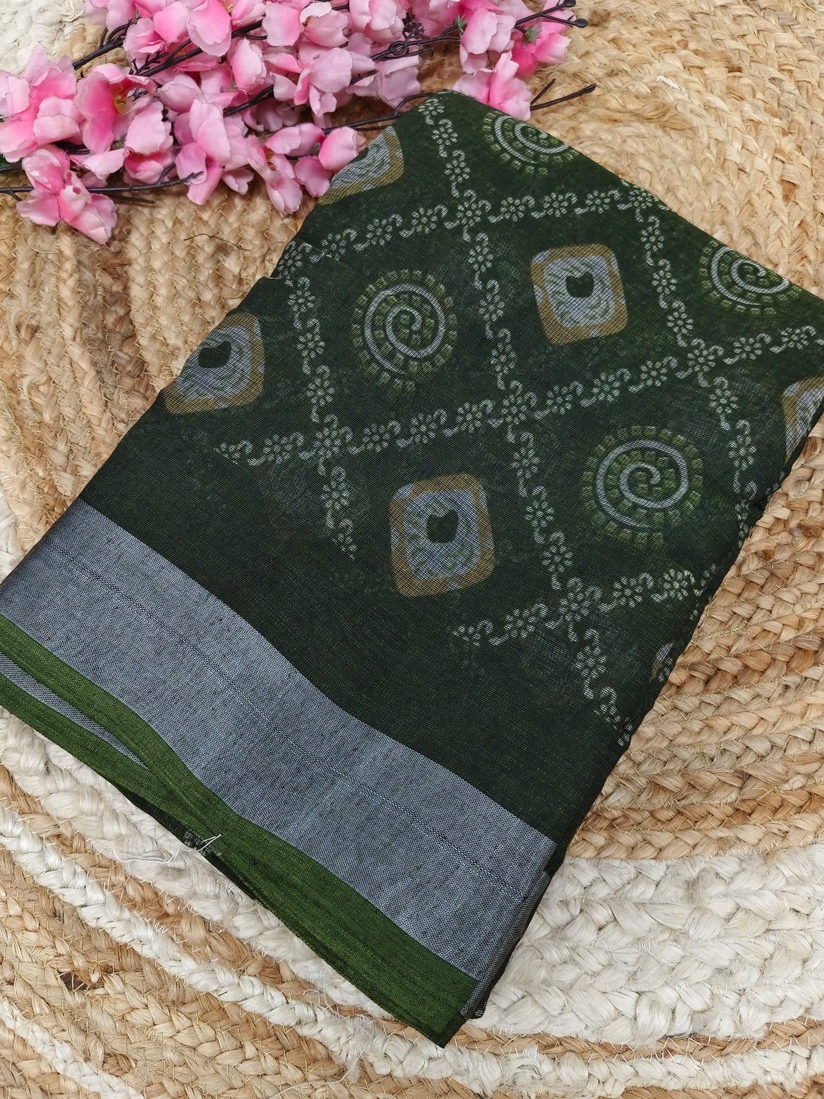 Dark Green - Black Lenin Cotton saree