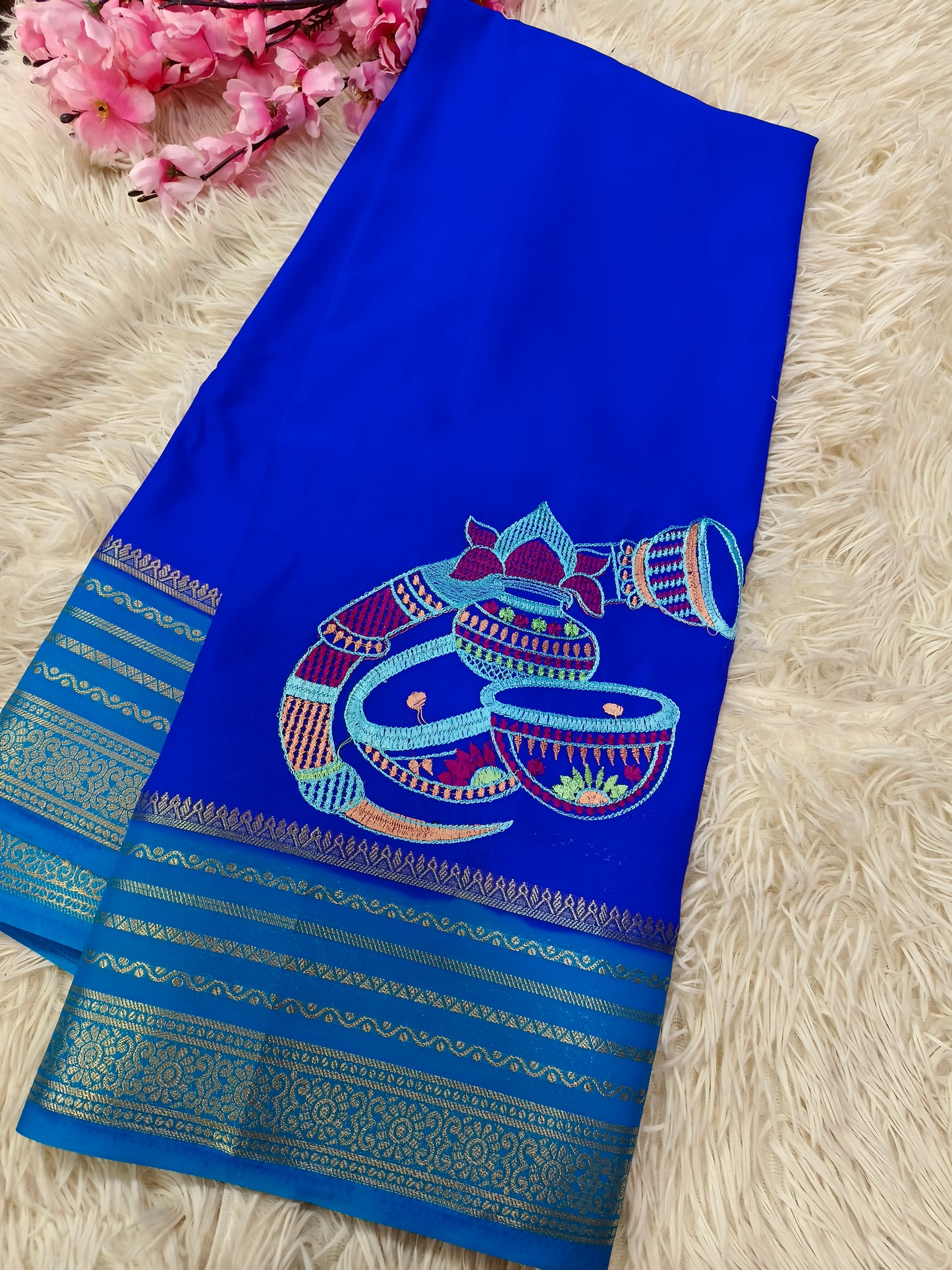 Royal blue with sky blue Semi Mysore crepe Silk saree