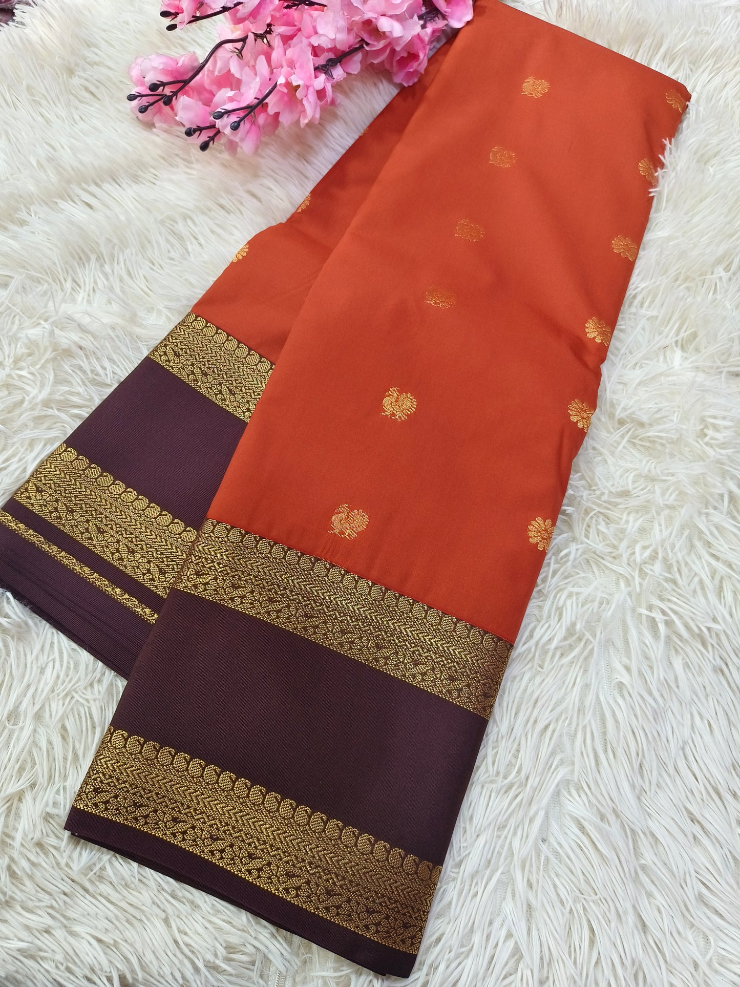Rustic Orange With Brown Semi kanjivaram silk saree