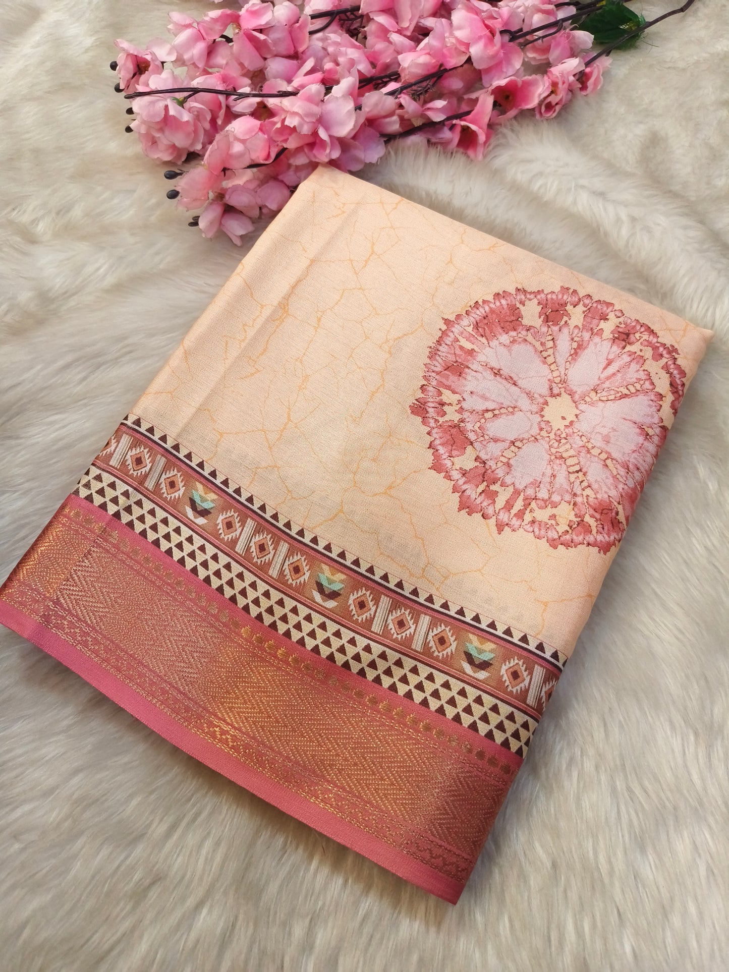 Cream with light Pink printed silk saree