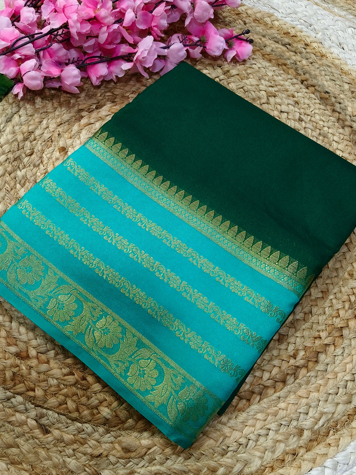 Bottle Green With Sea Blue semi Mysore crepe silk saree