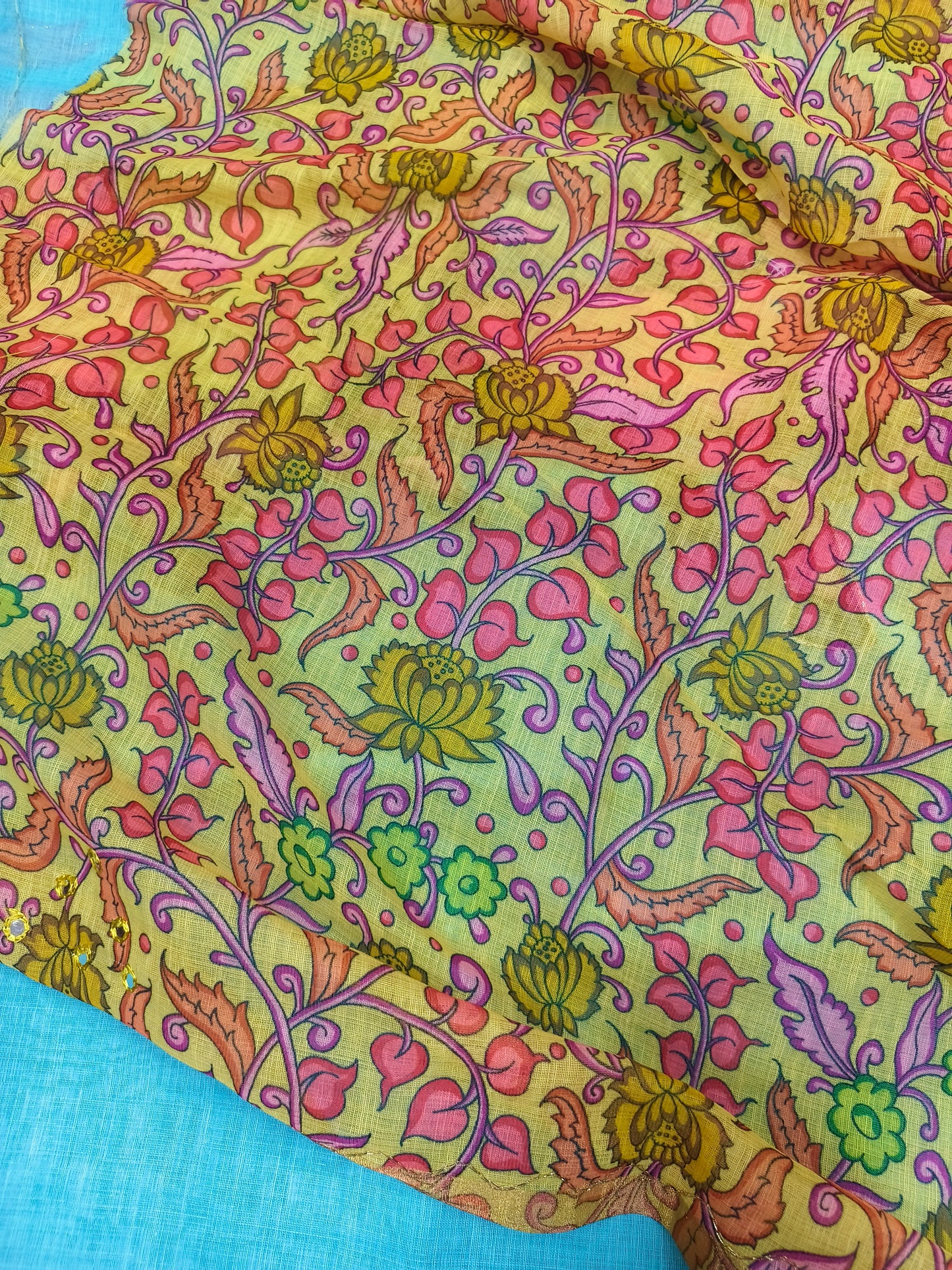 Yellow with sky blue Linen cotton Kalamkari saree