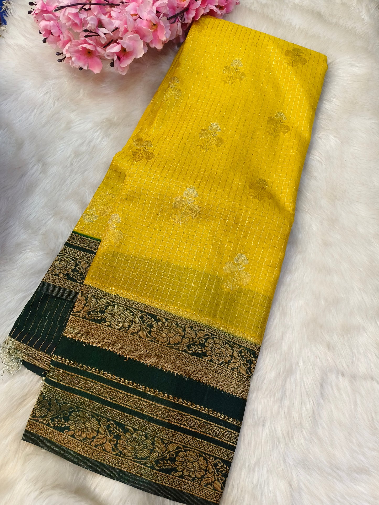 Yellow with bottle Green georgette crepe silk saree