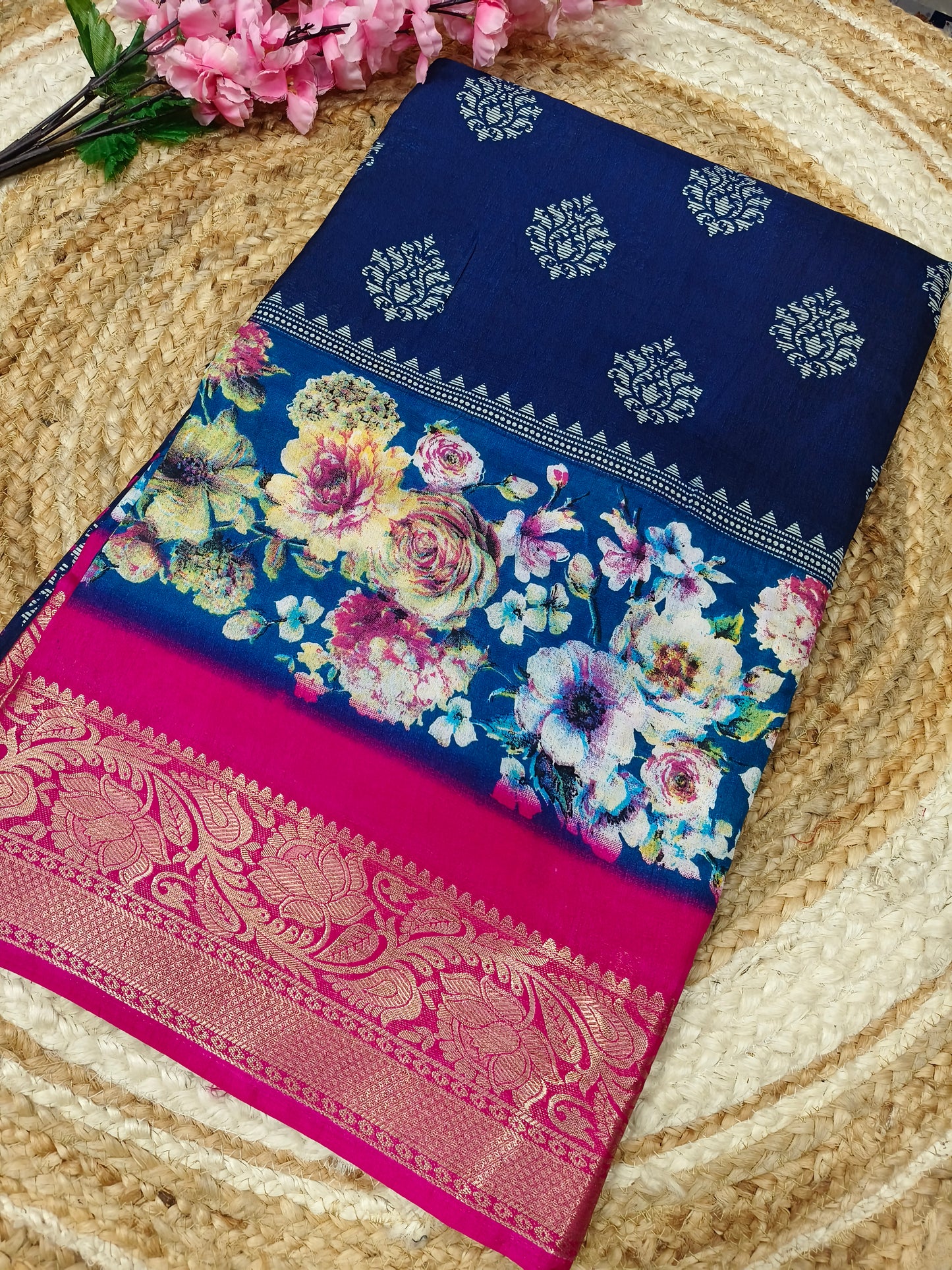 Blue with pink Binny silk saree