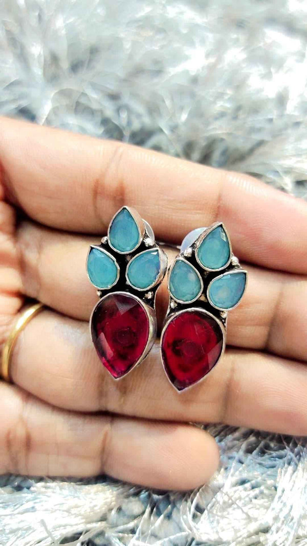 Red with Blue Stone Studs Earrings