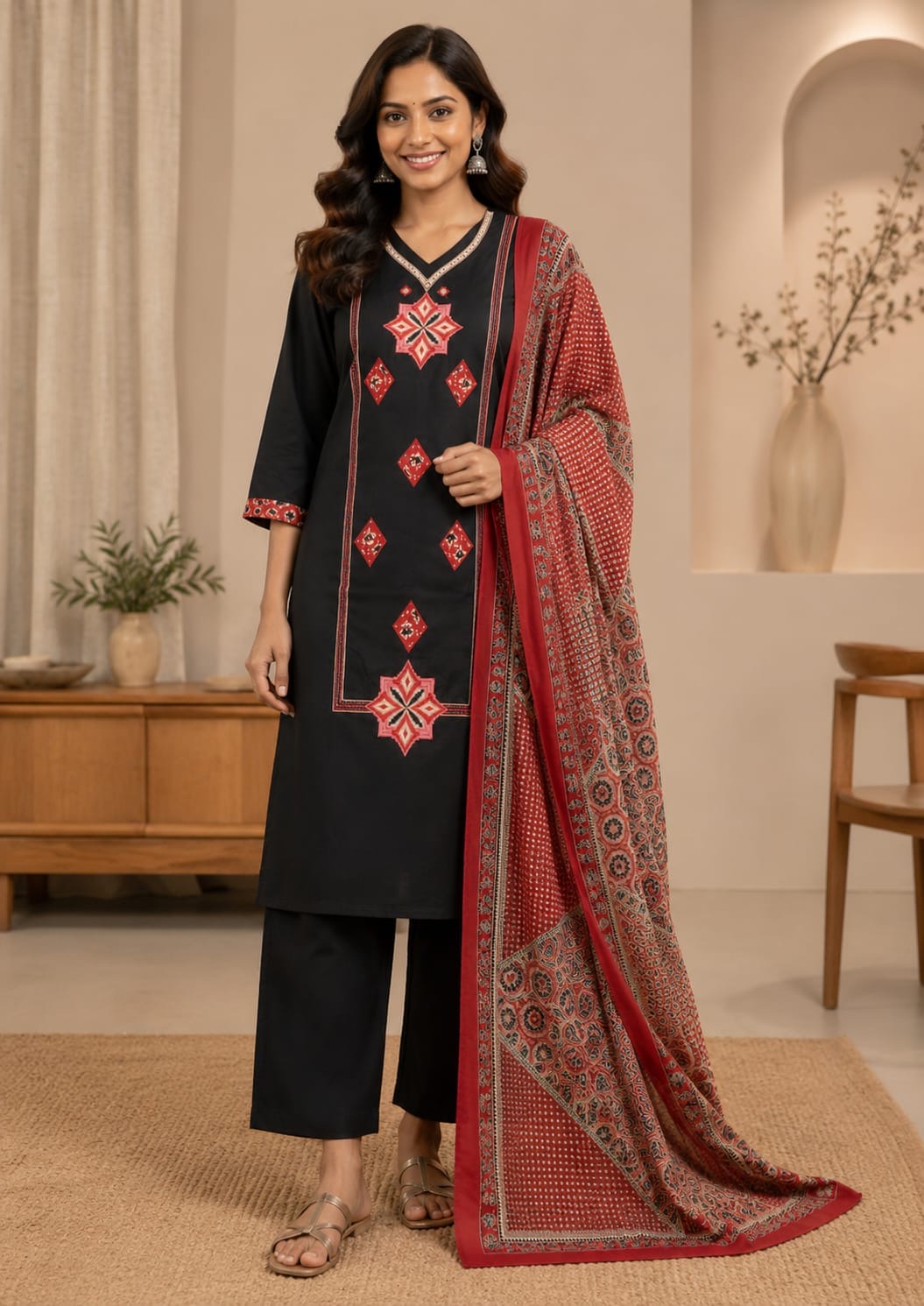 Black cotton straight cut Suit
