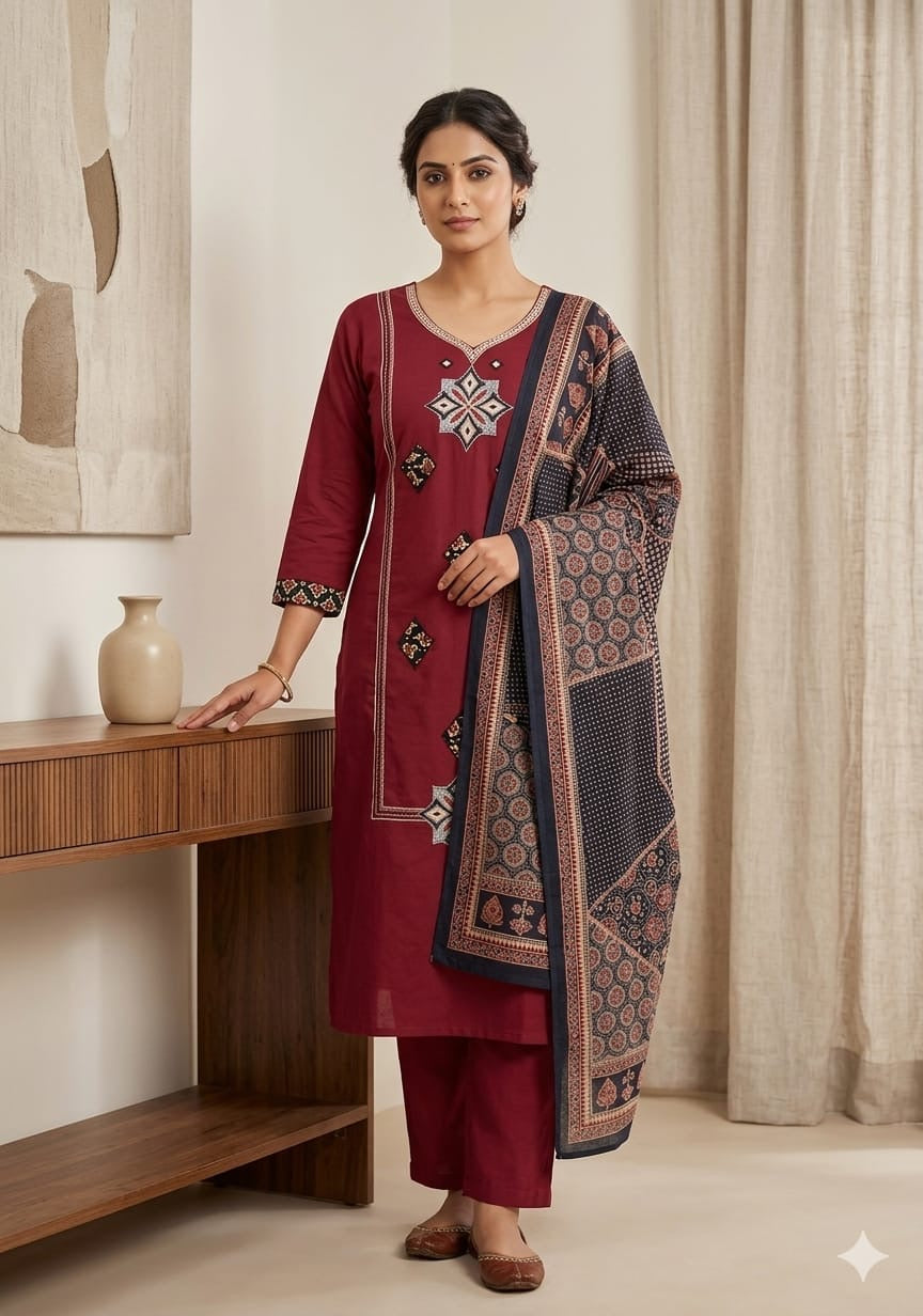 Maroon cotton straight cut Suit