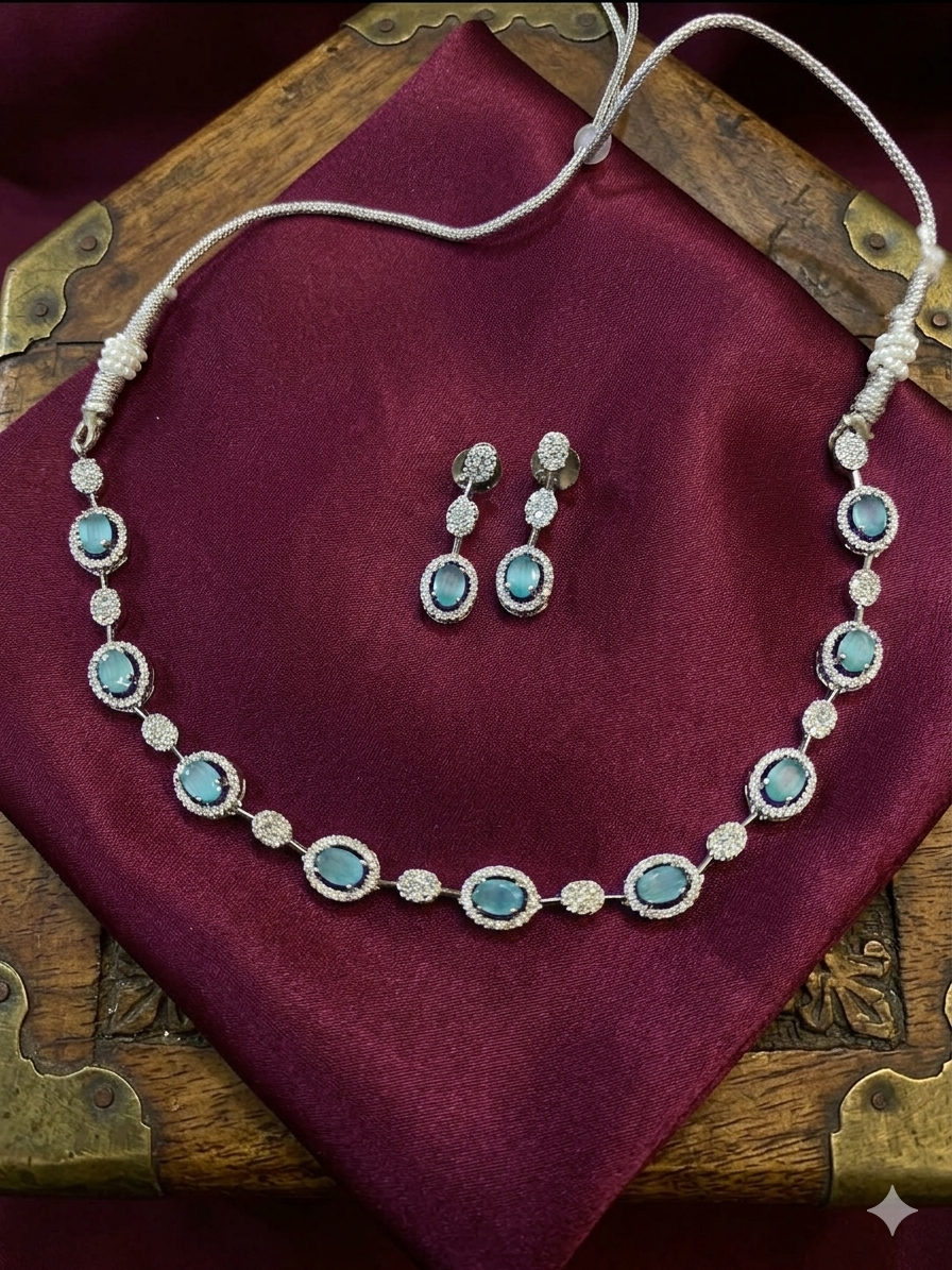 Mint Blue stone silver plated Necklace set