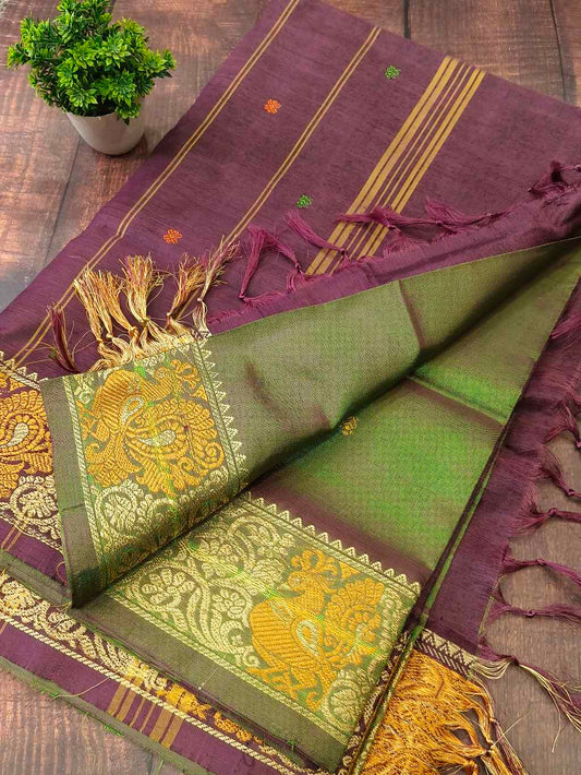 Wine With olive Green Banana Pith Saree