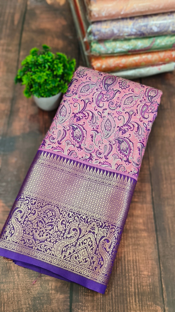 Pinkish purple Kanchipuram semi tissue Soft silk saree