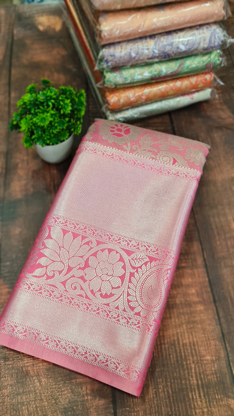 Rose pink Kanchipuram semi tissue Soft silk saree