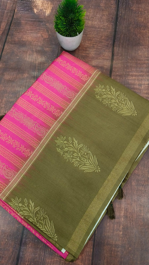 Pink with olive Green Tusser Silk saree