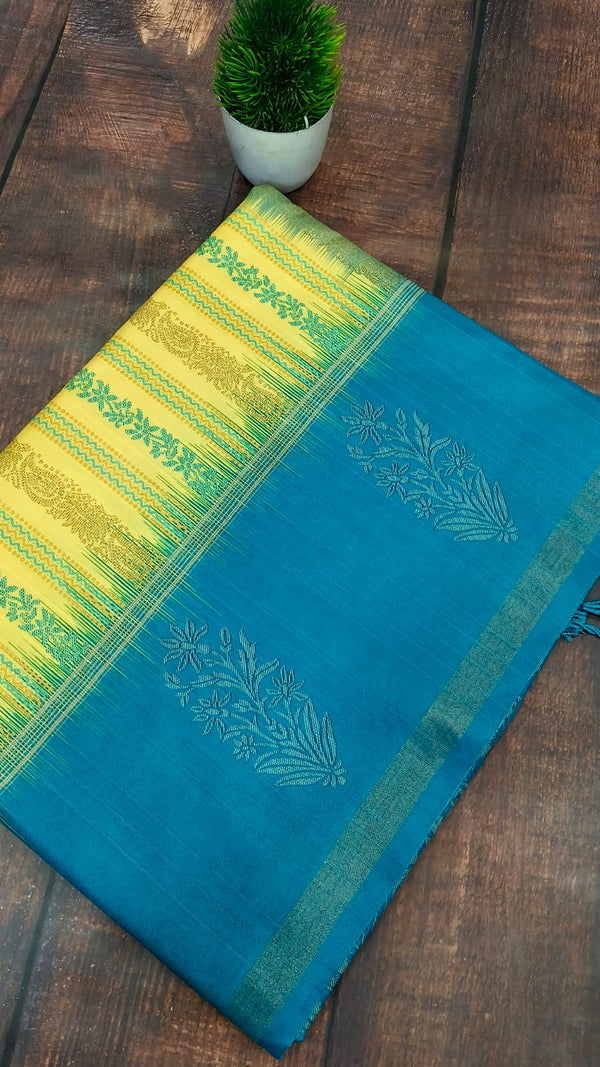 Yellow with sea blue Tusser Silk saree