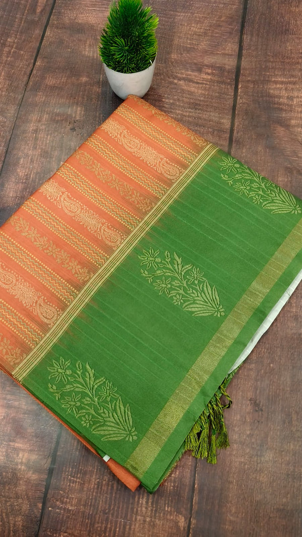 Orange with Green Tusser Silk saree