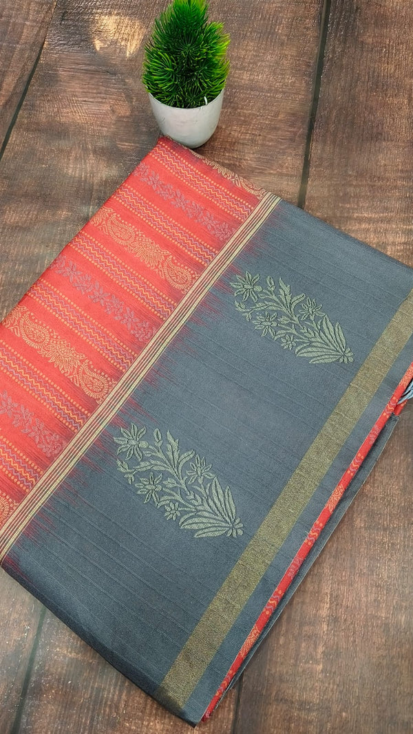 Red with Grey Tusser Silk saree