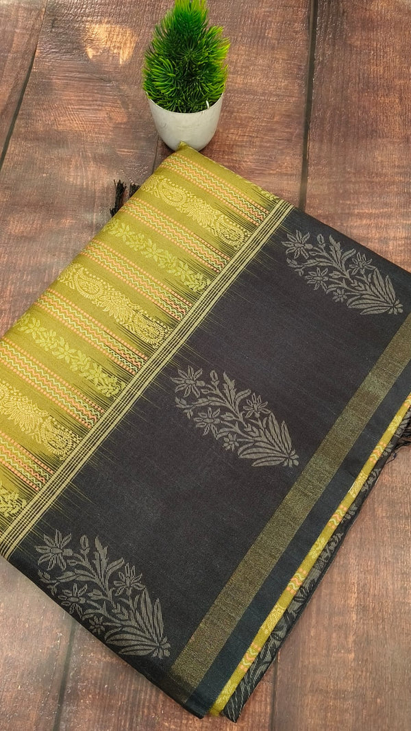 Olive green with dark brown Tusser Silk saree