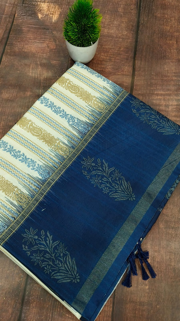 White with teal blue Tusser Silk saree